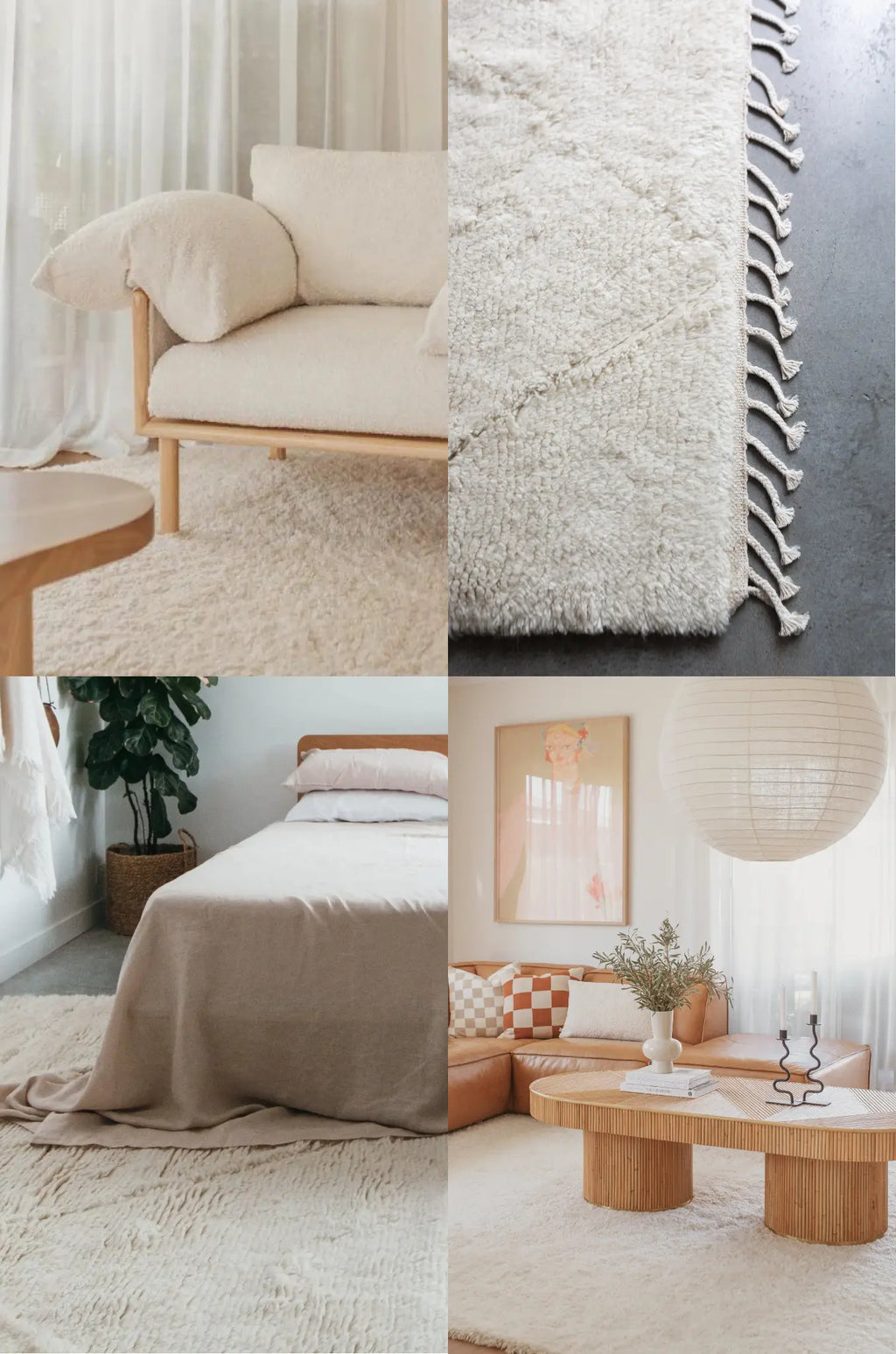 Collage of neutral-toned home decor items including a wool rug from rugs for good, a chair,  bed and living room setup.