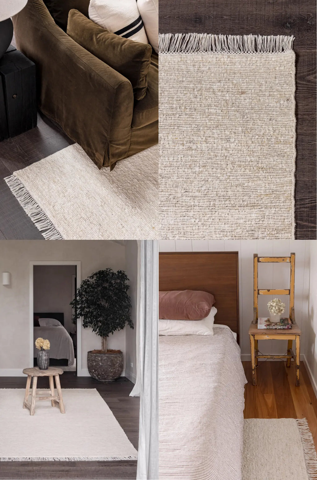 Collage of ivory rugs in different settings, including a bedroom and living room.